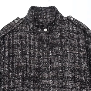 Fashionable black and white tweed bomber jacket with stand collar and silver buttons