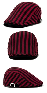 Three-angle view of striped cotton newsboy cap with adjustable silver side buckles