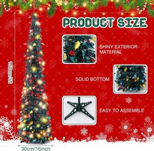 Detail of 5ft green pop-up Christmas tree with colorful sequins and sturdy metal stand
