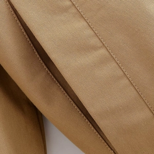 Close-up of khaki faux fur collar jacket showing premium twill fabric and stitching