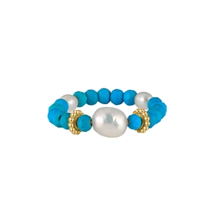 Bohemian turquoise beaded ring with natural freshwater pearl and golden accents