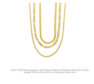 Three-layer gold titanium steel necklace featuring Figaro and snake chain details