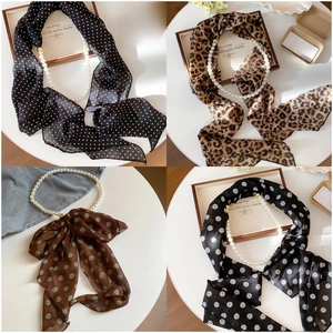Retro Scarf Necklace Imitation Artificial Pearl Beaded Fabric Leopard Polka Dot Print Fashion Clavicle Chain Jewelry Accessory Women