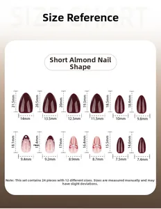 Guide des tailles pour 24 faux ongles amande courts avec dimensions détaillées en mm