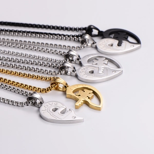 Polished stainless steel puzzle heart couple necklaces in silver, gold, and black colors