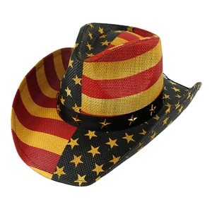 Detail of western cowboy hat featuring American flag stars, stripes and leather stud band