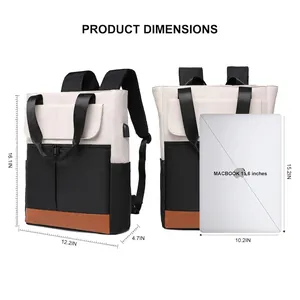 Three-tone travel laptop backpack with USB port and size dimensions, 16.1 inch height