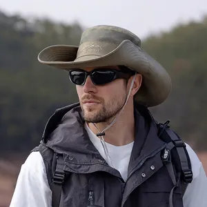 Outdoor Wide Brim Sun Hat Breathable Mesh Polyester Hiking Fishing Bucket Hat With Adjustable Wind Rope