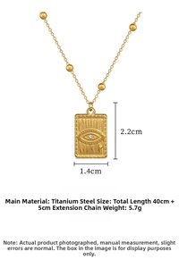 Detail of gold titanium steel evil eye necklace with pendant dimensions and chain length