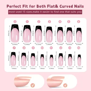 Size chart showing 15 nail sizes for black and pink French press-on nails with measurements