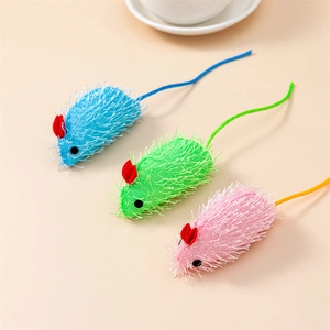Trois souris en peluche pour chats en bleu, vert et rose avec des détails de tissage