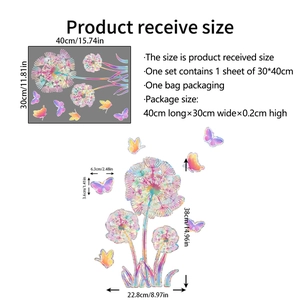 Holographic dandelion and butterfly window film sticker set with size specifications
