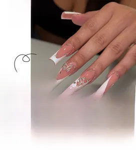 Détails des faux ongles french manucure ballerine avec charms papillon argenté et strass