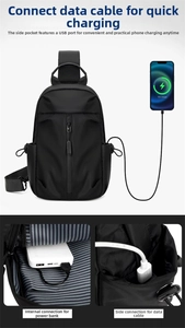 Detail of men oxford sling bag with external USB charging port and power bank connection
