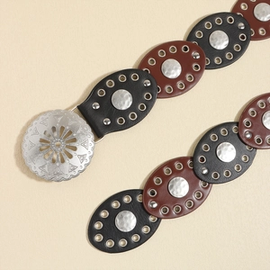 Vintage women's PU leather belt with oval patches and silver engraved buckle