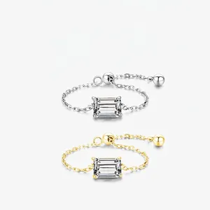 925 Sterling Silver Adjustable Chain Ring With Emerald Cut Rectangular Clear Zirconia Minimalist Jewelry For Women