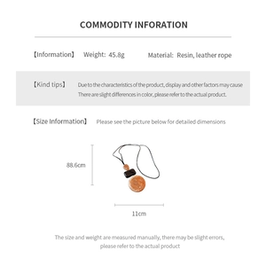 Detailed size specifications for the brown teardrop resin pendant on a long leather cord