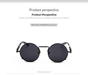Detailed front view of retro steampunk sunglasses with black frames and spring temples