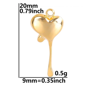 Detailed dimension guide for gold heart pendant showing 20mm height and 9mm width