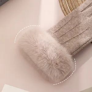 Winter warm touchscreen gloves with thick fleece cuffs in oatmeal color for women