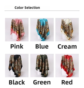 Close-up of paisley pattern silk scarves in six elegant colors on display