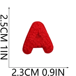 Detailed size view of red chenille letter A embroidery patch with plush texture