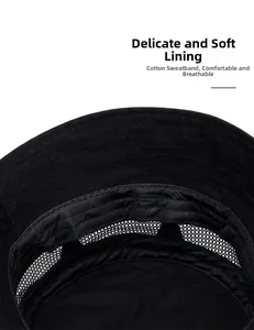 Detail showing the soft mesh lining and cotton sweatband of the black sun hat