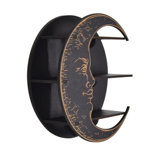 Black crescent moon wooden shelf with gold moon face and stars for jewelry and decor