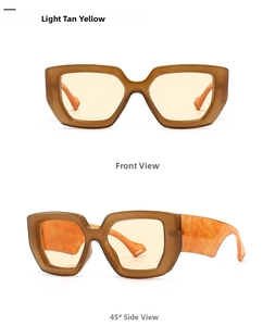 Detailed front and side view of oversized square sunglasses in light tan yellow frame