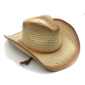 Straw cowboy hat with beige gradient rolled brim and adjustable chin strap