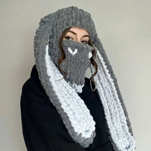 Handmade rabbit ear balaclava in grey and white knit with decorative metal rings