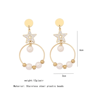 Detailed size view of gold star hoop earrings with pearls, 6cm height and 3cm width