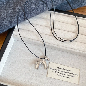 Detail view of the silver pony pendant necklace inside a linen lined jewelry box