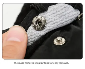 Detail of winter warm hat mask with snap button for easy removal and mesh lining