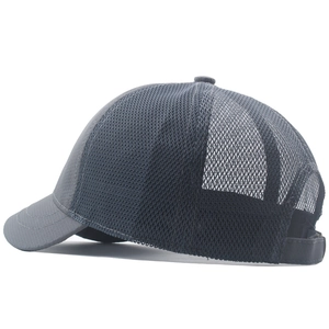 Detail view of breathable grey mesh fabric and adjustable strap on the baseball cap
