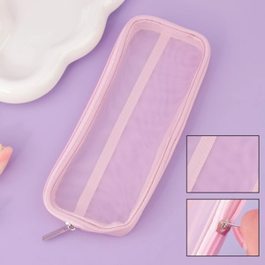 Trousse à pinceaux rose en maille avec fermeture éclair pour rangement cosmétique
