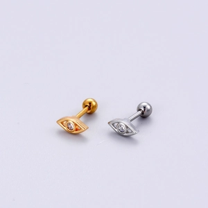 Detailed close-up of eye-shaped stainless steel ear studs with sparkling cubic zirconia