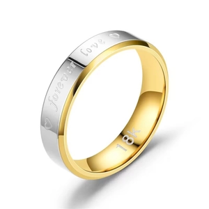 Detail view of double-layered titanium ring with forever love engraving and 18K hallmark