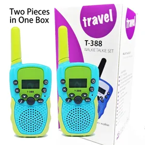 Blue and green T-388 handheld walkie talkie set for kids with LCD screen and gift box