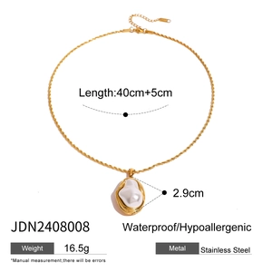 Gold stainless steel necklace featuring a 2.9cm white baroque pearl pendant for women