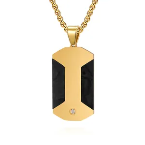 Pendente Per Collana In Acciaio Al Titanio Da Uomo Rettangolare Geometrico Intarsio Fibra Di Carbonio Accento Zircone