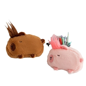 Plush Capybara pencil case with standing hair in brown and pink large capacity