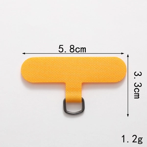 Universal orange T-shaped phone lanyard tab with D-ring and size measurements