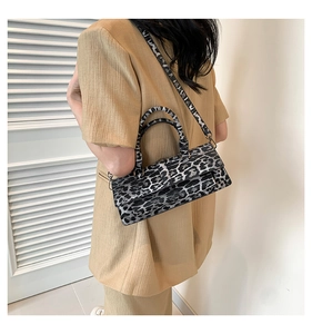 Detail of leopard print small square bag featuring circular handles and cross-body strap