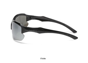 Side view of black wraparound sports sunglasses with silver mirror anti-glare lenses