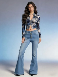 Women's Y2K high waist flare jeans paired with a slim fit printed zip-up long sleeve top