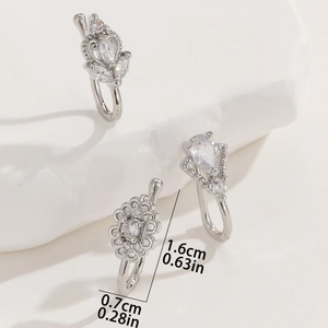 Three-piece silver heart nose clips with full zircon inlay and court-style vintage details
