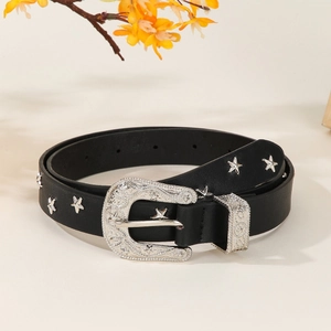 Western style black leather belt with silver engraved buckle and star metal rivets decoration