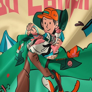 Détail d'une tapisserie de camping montrant la texture douce du tissu et des motifs de plein air