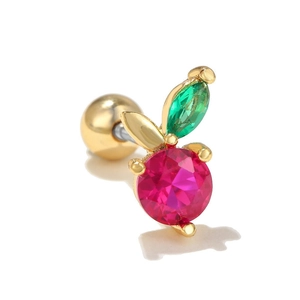 Detailed close-up of cherry stud earring with pink gemstones and gold leaf screw back